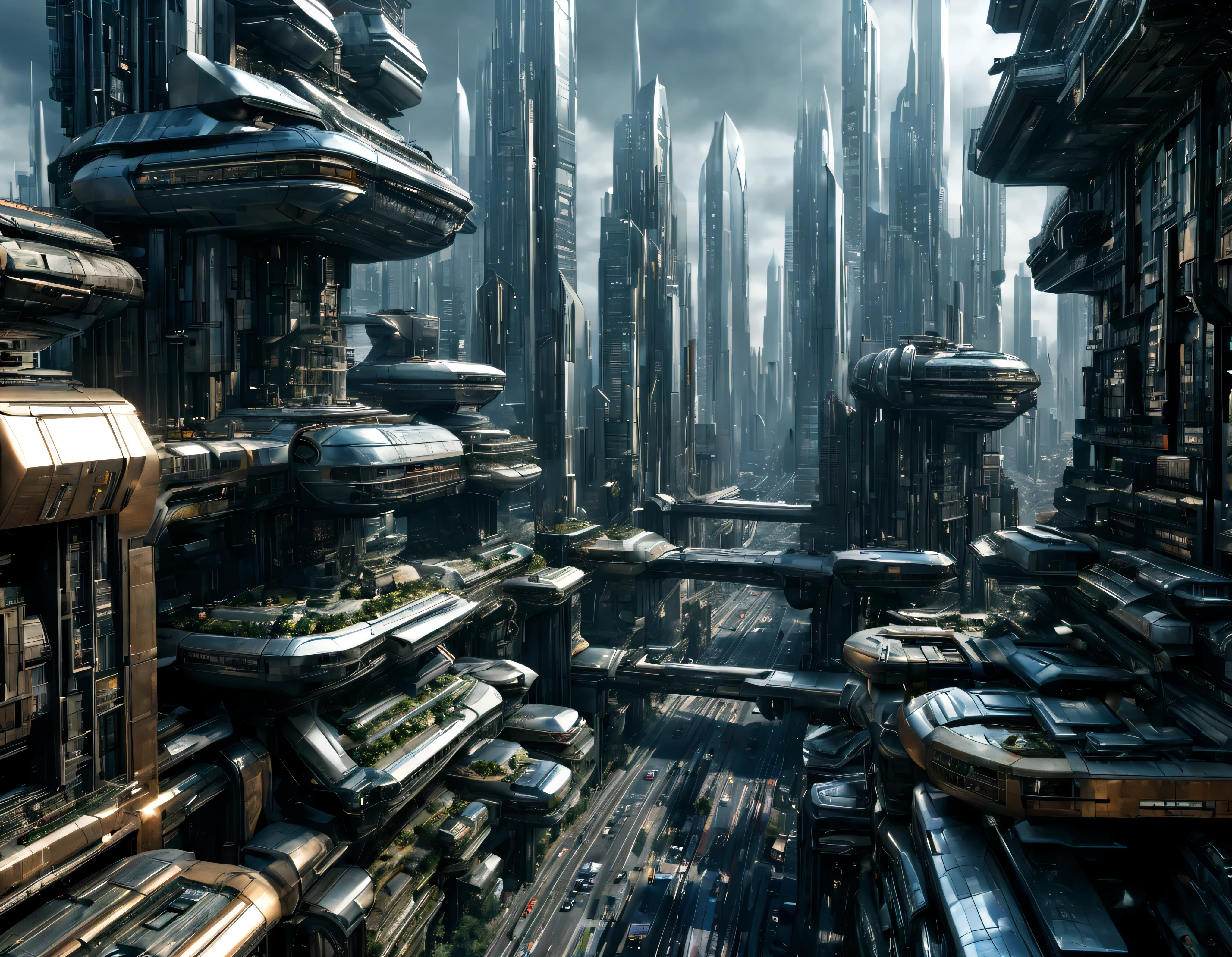 the city of megacity futuristic science fiction city as it would be in the year 3029, vista desde una terraza , with high-tech design , edificios de metal y cristal, highways crossing them, de una inmensidad impresionante, con el empleo de oro , silver and bronze in its construction, realmente impresionante a la vista, imagen bien definida, sharp well defined background, con muchos edificios juntos. sharp well defined 8k image. los edificios llegan alta el fondo.,8k. cinematographic image, renderizado 3d, ((obra maestra de superior calidad)).