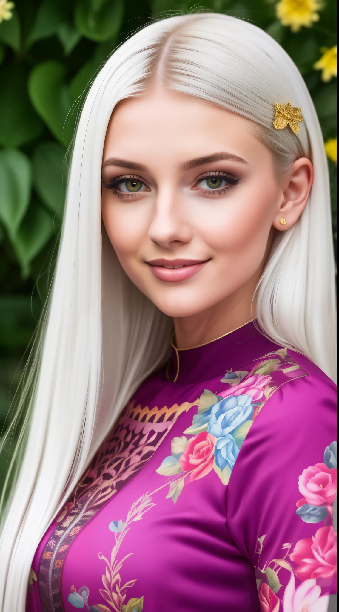 Malaysian tattooed girl, sehr langes, Green, shiny hair with a big topknot, Tragen Sie pastellrote florale Baju Kurung, Smileing, very long white hair, eine goldene Halskette tragen, Vorderansicht, sehr langes, welliges, white hair, Unordentliches Haar, Hair blow-dried, windig, Detail Haut, Altersfleck, Detailliertes Hautbild, Muttermal unter den Augen, kleine Brust, flache Brust, wide hips, schmale Taille, dicke Oberschenkel, Slim abs, beautiful body, Morgen, lachend, happy, Helle Beleuchtung, Menschen im Hintergrund, Portrait