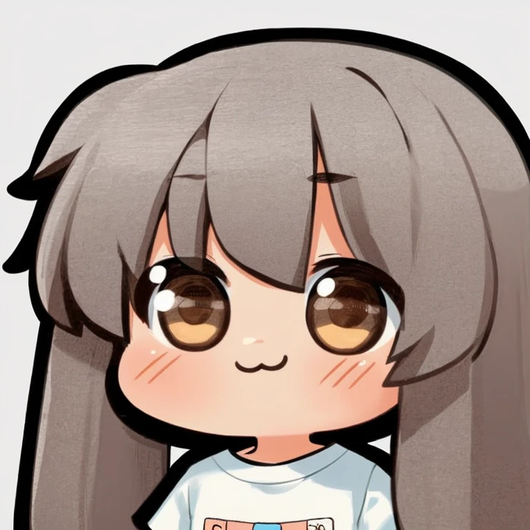 disorganized, 1 girl, brown eyes, twin tails, long hair, gray hair, I opened my eyes, eyelash, looking at the viewer, twitchEmote, Upper body, white background, T-shirt, Little, Emote, Face-to-face audience, (:3:1.0), blush