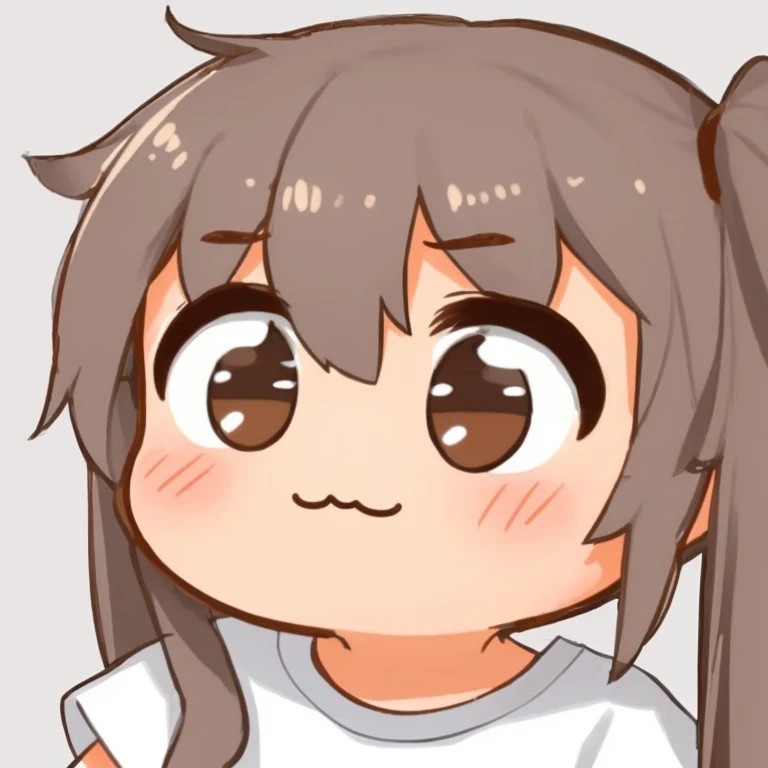 disorganized, 1 girl, brown eyes, twin tails, long hair, gray hair, I opened my eyes, eyelash, looking at the viewer, twitchEmote, Upper body, white background, T-shirt, Little, Emote, Face-to-face audience, (:3:1.0), blush