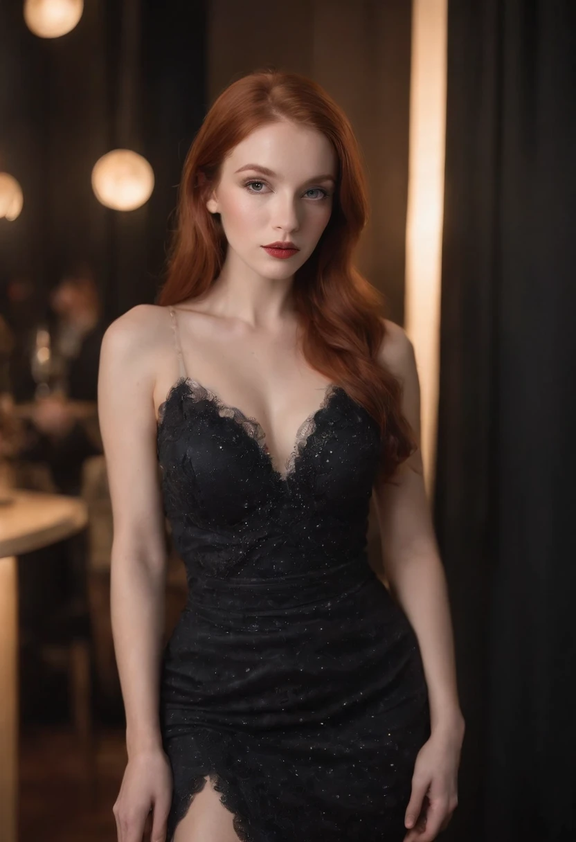 /((Ultra Long Exposure Photography)) high quality, highly detailed, young red head woman with light eyes, at a party, heals, evening dress, seductive attire, Onlyfan pose, long legs, high heels, woman figure silhouette, sitting drinking champagne,tattoo