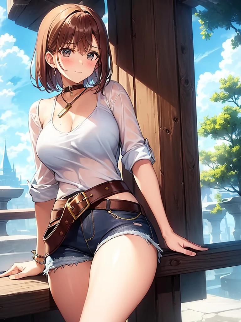 ((put your hand on your crotch:1.2)), ((alone)), city, street, ((white shirt)), wet shirt, ((blush:1.2)), shy face, 1 girl, hairpin, huge breasts, exposed chest, Tight-fitting clothes, exposed thighs, exposed buttocks, denim shorts, short hair, Weak women, ((Shorts that dig into the crotch and buttocks)), ((long and thin legs)), ((thin waist)), thick thighs, cowboy shot, Close your legs, Beautiful woman, adult woman, cute face, cute eyes, Defenseless body
