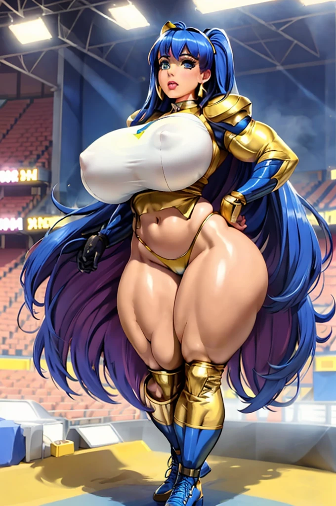 1980's, giantess, female, living inflatable, inflating 500 ft tall stocking_anarchy, makeup, extra long hair, earrings, halo, (American Football blue and gold uniform), (padded football pants with open fly), (blue and gold football cleats), (huge breast expansion), (muscle inflation:0.9), (hyper muscular legs), (hyper muscle:1.5), (blow bubble gum), pleasurable look on face, outdoor female football stadium