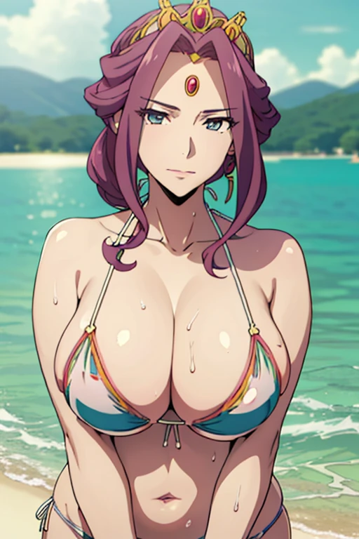 (masterpiece, best quality, high resolution, anime screencap, anime colored, 8k, photorealistic), Mirellia Q Melromarc, milf, wife, solo, sad smile, (looking at viewer), huge breasts, cleavage, (white bikini:1.5), Curvey, upper body, (lake, wet), (perfect detailed anatomy, beautiful detailed face&eyes:1.5, shiny skin, perfect sharp body)