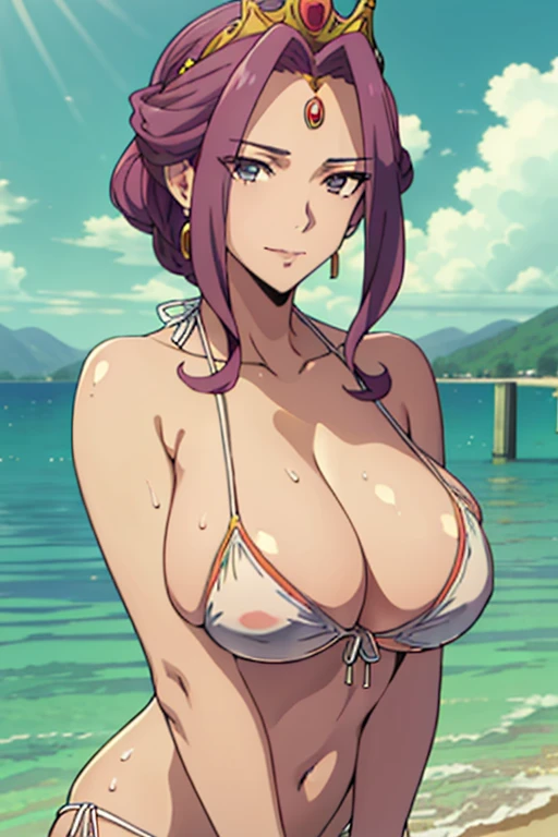 (masterpiece, best quality, high resolution, anime screencap, anime colored, 8k, photorealistic), Mirellia Q Melromarc, milf, wife, solo, sad smile, (looking at viewer), huge breasts, cleavage, (white bikini:1.5), Curvey, upper body, (lake, wet), (perfect detailed anatomy, beautiful detailed face&eyes:1.5, shiny skin, perfect sharp body)