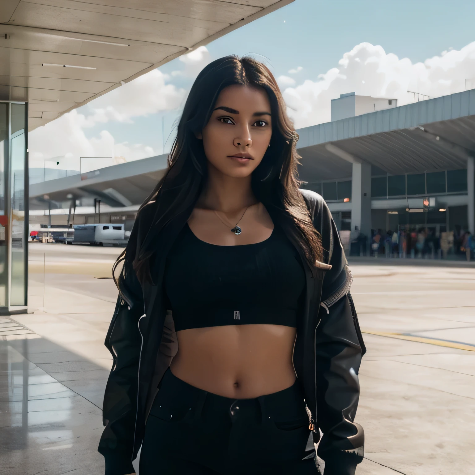 magnifique jeune femme colombienne, porter des vêtements amples, to l'airport i'attends pour ne rien faire, carrying a black D backpack, tout le corps, beau visage, chef-d'artwork, best quality, Ultra-detailed, Seulement, ombres, contraste, cinematic light, side lighting, Ultra high resolution, meilleure ombre, BRUT, 4k, 85 millimeters, faible profondeur de champ, Kodak Vision Color, Extremely detailed, Directeur de la photographie_\(Ultra\), photorealistic, Realistic, Post-traitement, Maximum details, roughness, Real life, Ultra realista, Photorealism, Directeur de la photographie, 8k euh, Directeur de la photographie
