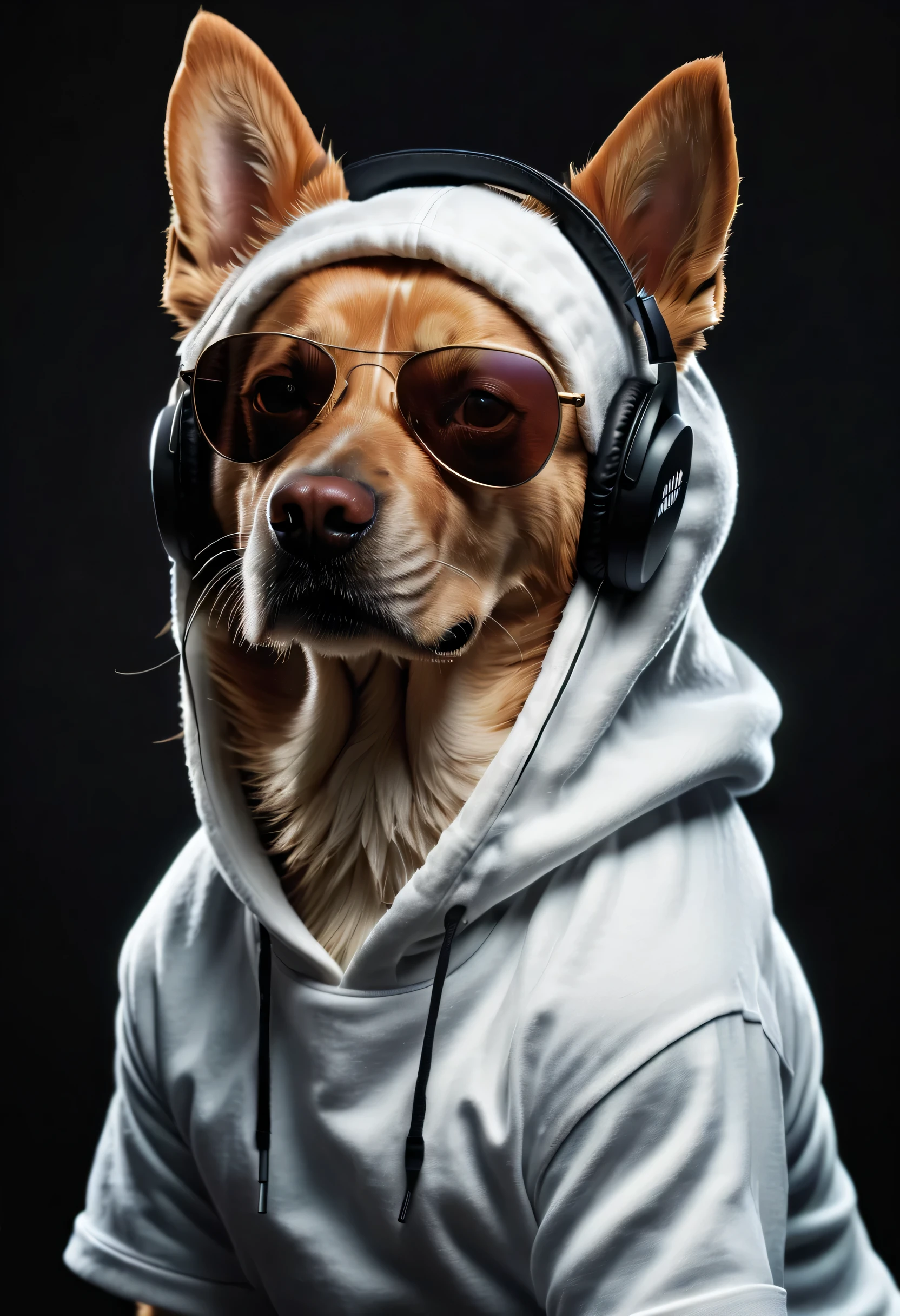 (best quality,4k,8k,highres,masterpiece:1.2),ultra-detailed,(realistic,photorealistic,photo-realistic:1.37),brave charismatic hip-hop style dog,white hooded,sunglasses,wearing realistic headset,standing in black background,high contrast