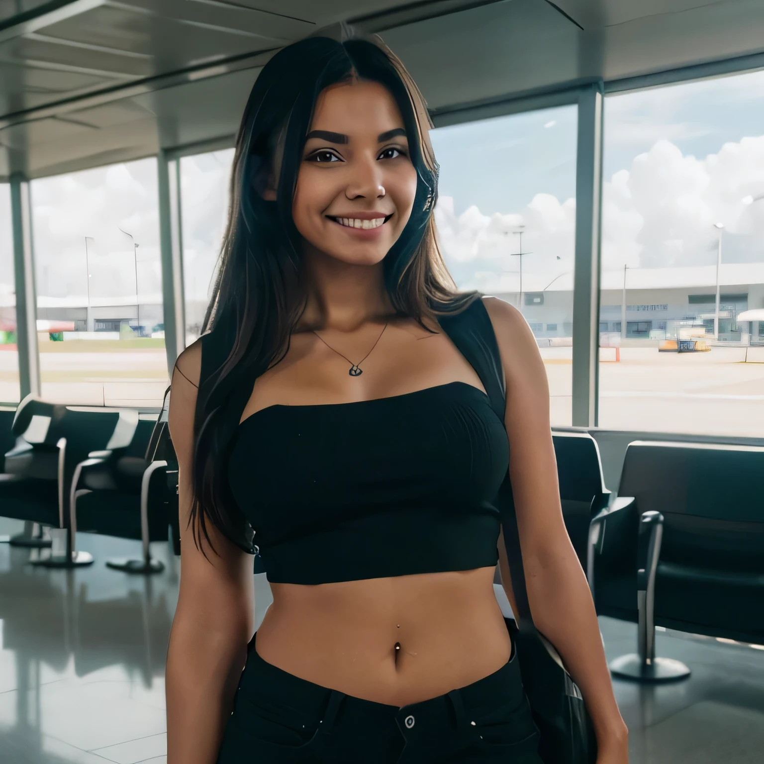 magnifique jeune femme colombienne, porter des vêtements amples, to l'airport i'attends pour ne rien faire, carrying a black D backpack, tout le corps, beau visage, chef-d'artwork, best quality, Ultra-detailed, Seulement, ombres, contraste, cinematic light, side lighting, Ultra high resolution, meilleure ombre, BRUT, 4k, 85 millimeters, faible profondeur de champ, Kodak Vision Color, Extremely detailed, Directeur de la photographie_\(Ultra\), photorealistic, Realistic, Post-traitement, Maximum details, roughness, Real life, Ultra realista, Photorealism, Directeur de la photographie, 8k euh, Directeur de la photographie, Grand sourire, dents blanches