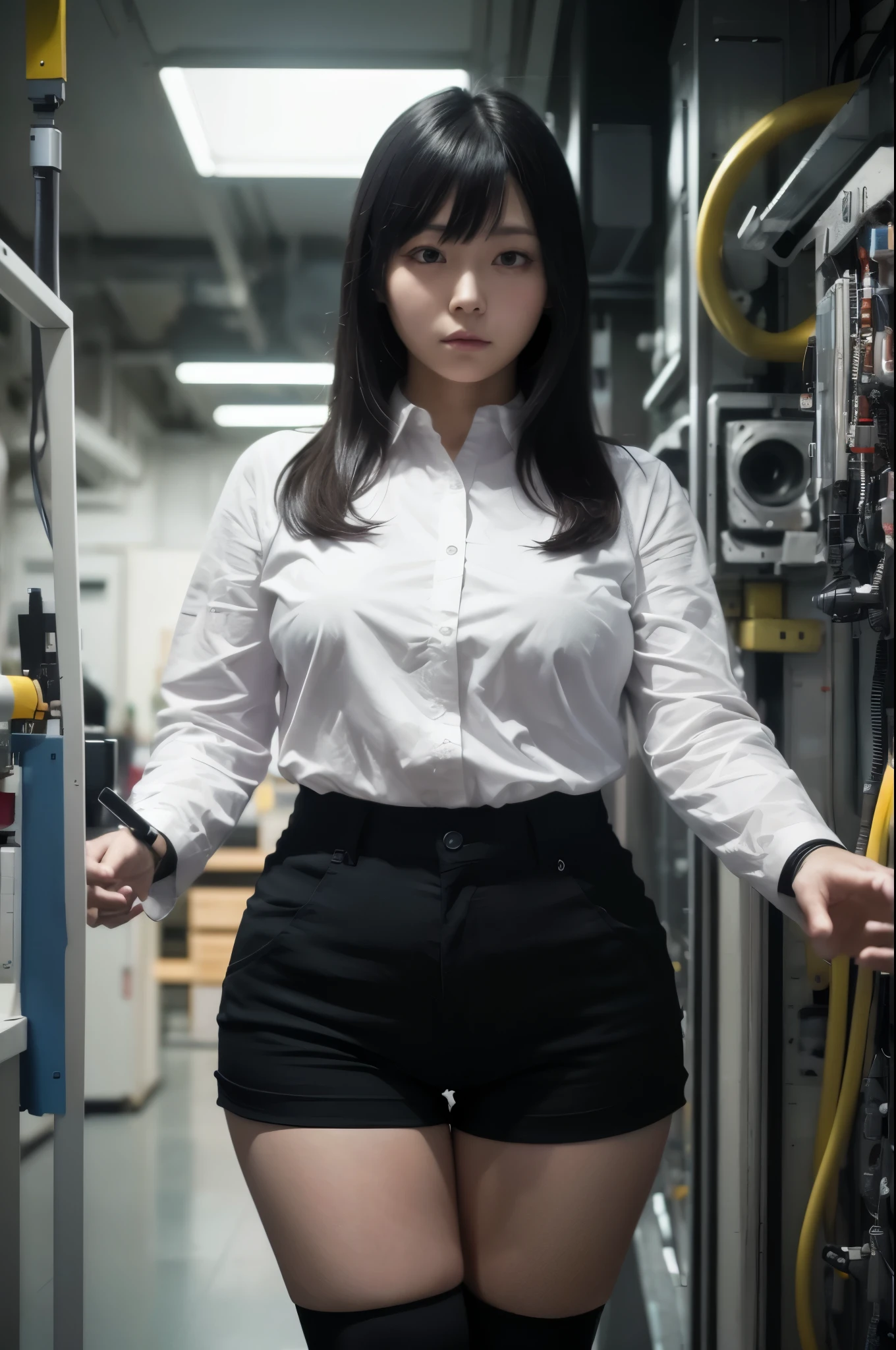 masterpiece, best quality, extremely detailed, Japanese android girl,Plump ,laboratory,android assembly plant,control panels,Squat,Mechanical Hand,Robot arms and legs, robot body,socks,blunt bangs,skirt