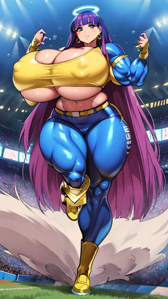 1980's, giantess, female, living inflatable, inflating 500 ft tall stocking_anarchy, makeup, extra long hair, earrings, halo, (American Football blue and gold uniform), (padded football pants with open fly), (blue and gold football cleats), (huge breast expansion), (muscle inflation:0.9), (hyper muscular legs), (hyper muscle:1.5), (blow bubble gum), pleasurable look on face while hands stroking penis, outdoor football stadium, running towards camera