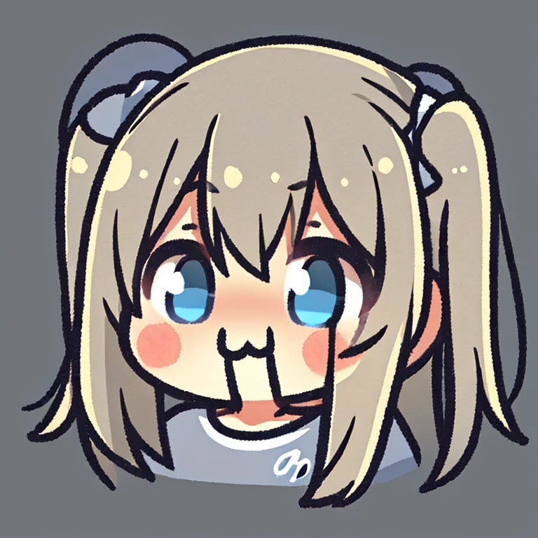 disorganized, 1 girl, blonde,blue eyes, twin tails, long hair, gray hair, I opened my eyes, eyelash, looking at the viewer, twitchEmote, Upper body, white background, T-shirt, Little, Emote, Face-to-face audience, (:3:1.0), blush