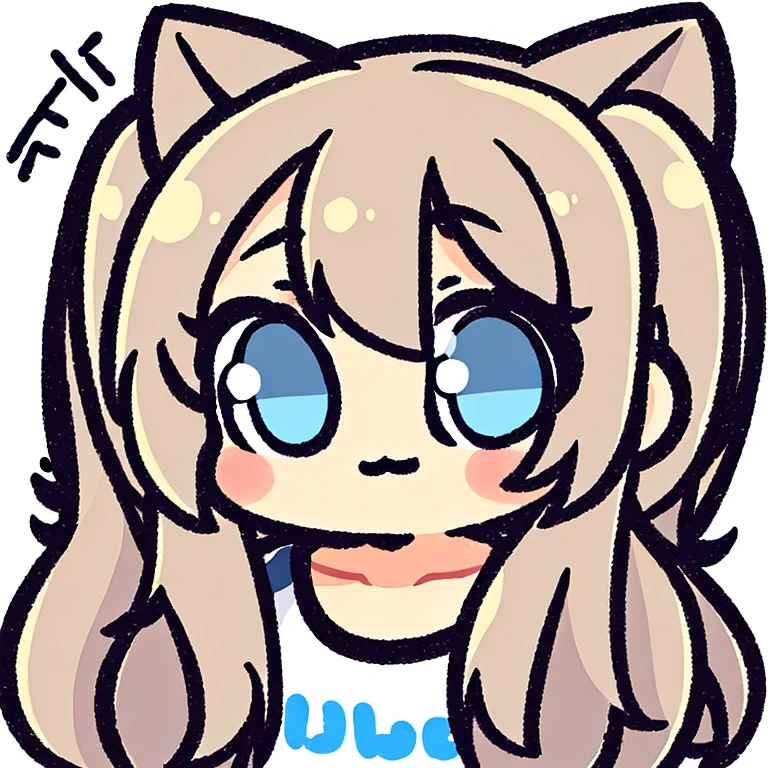 disorganized, 1 girl, blonde,blue eyes, twin tails, long hair, gray hair, I opened my eyes, eyelash, looking at the viewer, twitchEmote, Upper body, white background, T-shirt, Little, Emote, Face-to-face audience, (:3:1.0), blush