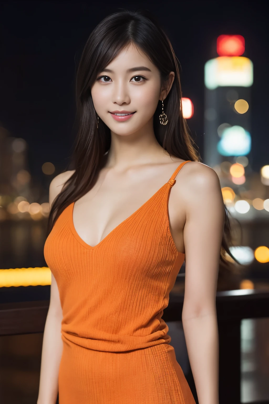 1 girl, (wearing an orange knit dress:1.2), (RAW photo, highest quality), (realistic, Photoreal:1.4), table top, very delicate and beautiful, very detailed, 2k wallpaper, wonderful, finely, very detailed CG Unity 8K 壁紙, Super detailed, High resolution, soft light, beautiful detailed girl, very detailed目と顔, beautifully detailed nose, beautiful and detailed eyes, cinematic lighting, city light at night, perfect anatomy, slender body, smile, Camera-wide perspective, looking forward to it