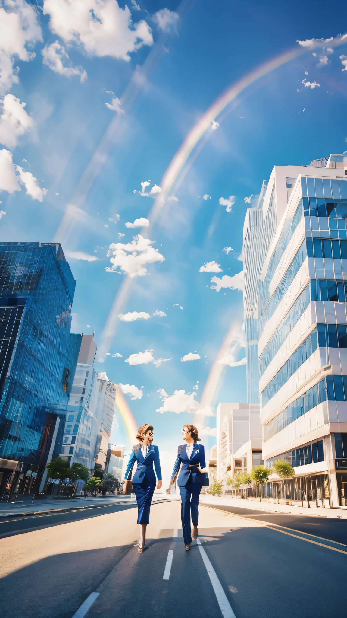 Huge rainbow，business women，blue sky，Highest definition，Concise composition，bright picture