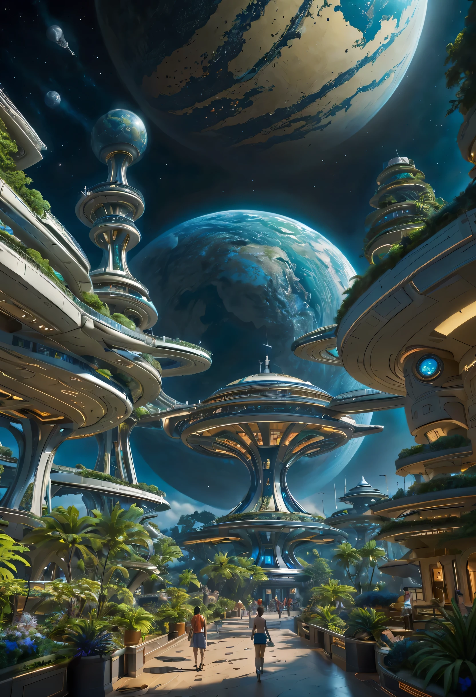 art by mooncryptowow, At a luxurious resort nestled neat the internation space station, a group of vacationers marvel at the awe-inspiring spectacle, highres, UHD, masterpiece, 16k