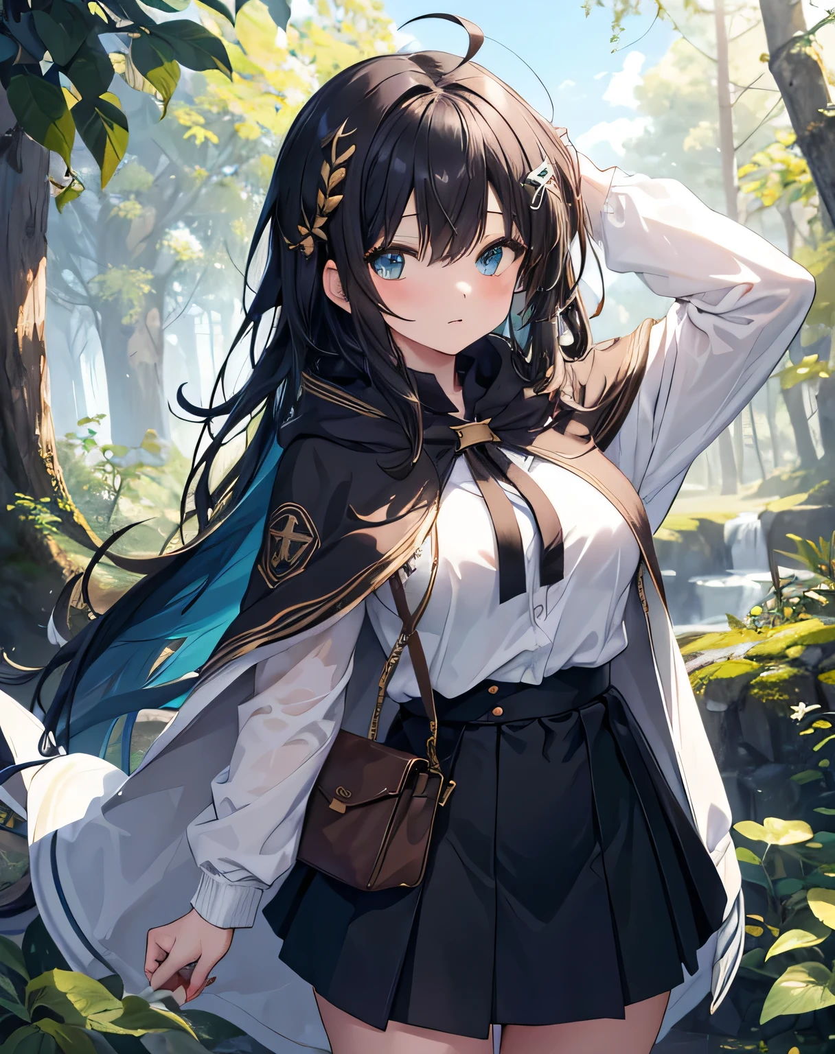 masterpiece,1girl, sparrow, a black haired girl, wearing a celtic clothes, long hair, messy hair, black skirt, slim body, wearing golden capelet with white hoody, big breasts, shirt ornament, lolippai, lovely expression, beautiful breasts, rounded breasts, aqua eyes, dress, miniskirt, she is sleeping at forest, ahoge, she wearing her hoody,