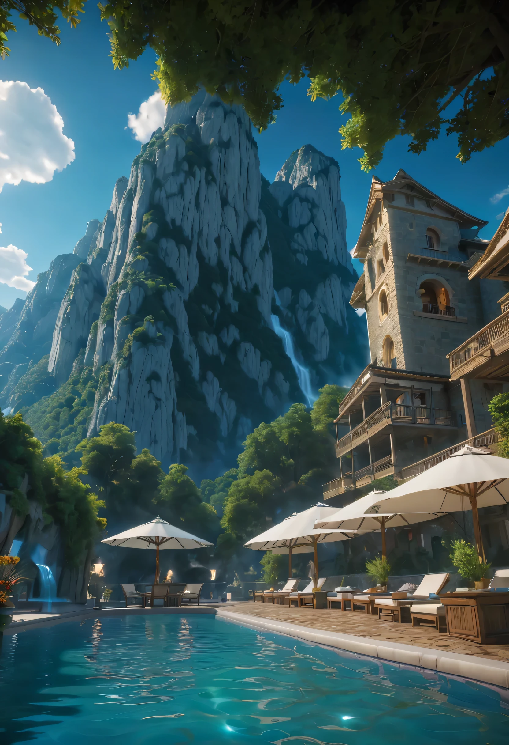 art by mooncryptowow, At a luxurious resort nestled near mount Olympus, a group of vacationers marvel at the awe-inspiring spectacle, highres, UHD, masterpiece, 16k