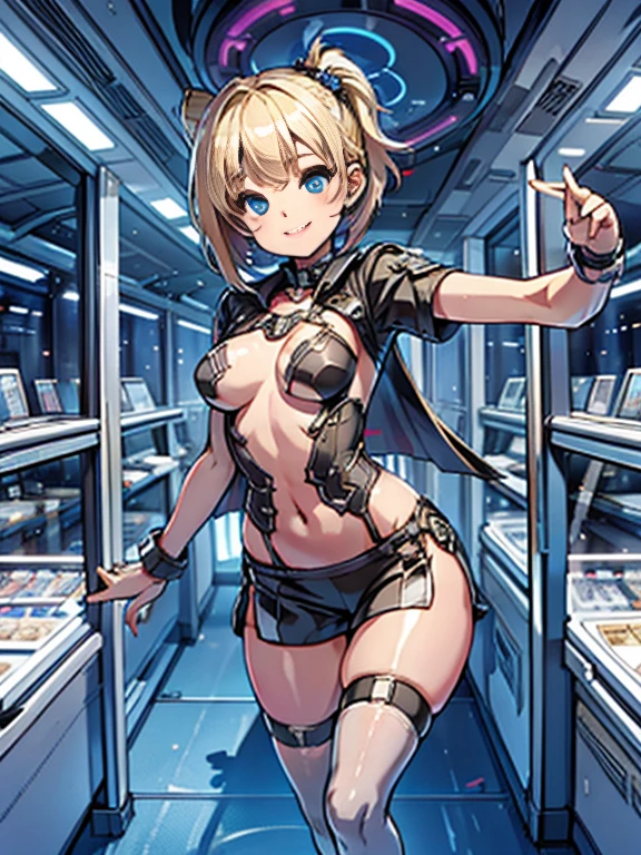 8K, RAW photo, night light, Beautiful cyberpunk style young girl, Blonde shorthair,BREAK blue eyes, high resolution skins,BREAK Beautiful woman in black top and short skirt, pose for a photo, Multi-point, 19 years old, reveal her sexy body, hourglass illustration, because I&#39;thin, small breasts, sample belly, Looking at the camera and smiling, night city background, neon light