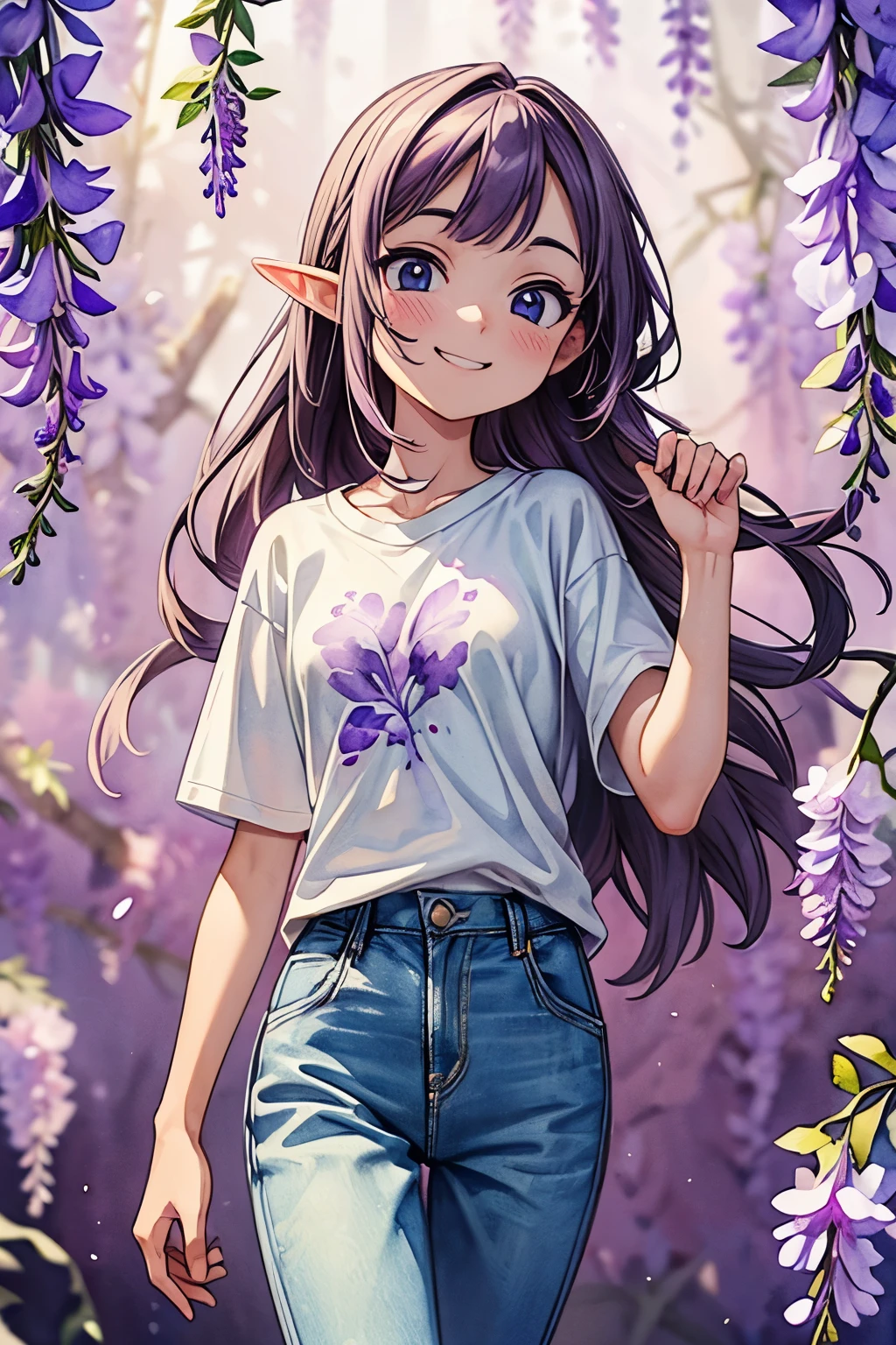 ((Masterpiece)), ((best quality)), (super detailed), (Professional Photography), (Photorealsitic:1.3), cute teenage , ((small breast)), (pale skin), (Plain white T-shirt, Cute Pants), (walking), (interlocked fingers), messy medium-long hair, pale thighs, (elf ear), (phantom), healthy whole body, ((Smug and grinning face)), pale purple hair, 1girl, solo, ((beautiful eyes)), beautiful detailed eyes, detailed face, perfect anatomy, (in purple wisteria flowers),(Watercolor Background:1.3),