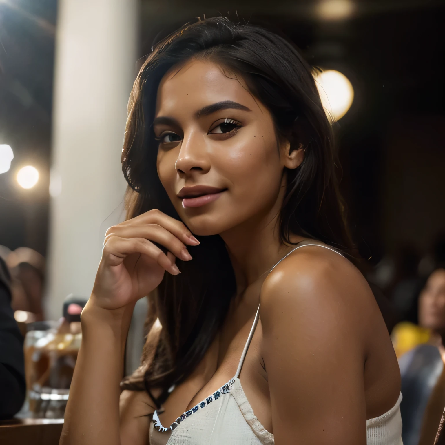 Une Colombienne de 23 ans, Figure de sablier, petits seins, hyperréaliste, photo prise de loin, peau bronzée, éclairage professionnel, couleurs vives, traits du visage détaillés, longs cheveux noirs fluides, lèvres pleines, Posture élégante, dans un cinéma, elle a un pot de pop-corn dans une main et mange avec son autre main, la lumière du film qui brille sur son visage. L&#39;ambiance générale est joyeuse et vibrante. La qualité de l&#39;image est du plus haut niveau, capturer chaque détail complexe. Mise au point nette et rendu ultra détaillé, mettant en valeur la beauté de la femme colombienne d&#39;une manière captivante. Porter une tenue décontractée noire, ombres, l&#39;ambiance est joyeuse, Elle sourit 
