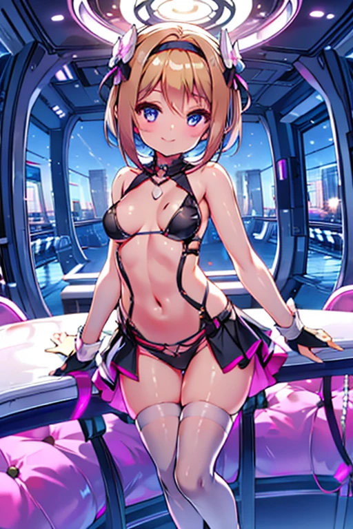 8K, RAW photo, night light, Beautiful cyberpunk style young girl, Blonde shorthair,BREAK pink eyes, high resolution skins,BREAK Beautiful woman in black top and short skirt, pose for a photo, Multi-point, 19 years old, reveal her sexy body, hourglass illustration, because I'thin, small breasts, sample belly, Looking at the camera and smiling, An everlasting summer resort, tropical country