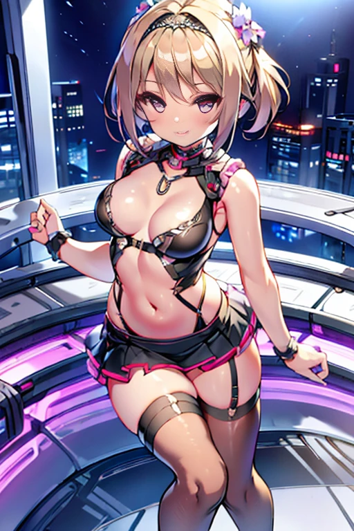 8K, RAW photo, night light, Beautiful cyberpunk style young girl, Blonde shorthair,BREAK pink eyes, high resolution skins,BREAK Beautiful woman in black top and short skirt, pose for a photo, Multi-point, 19 years old, reveal her sexy body, hourglass illustration, because I'thin, small breasts, sample belly, Looking at the camera and smiling, An everlasting summer resort, tropical country