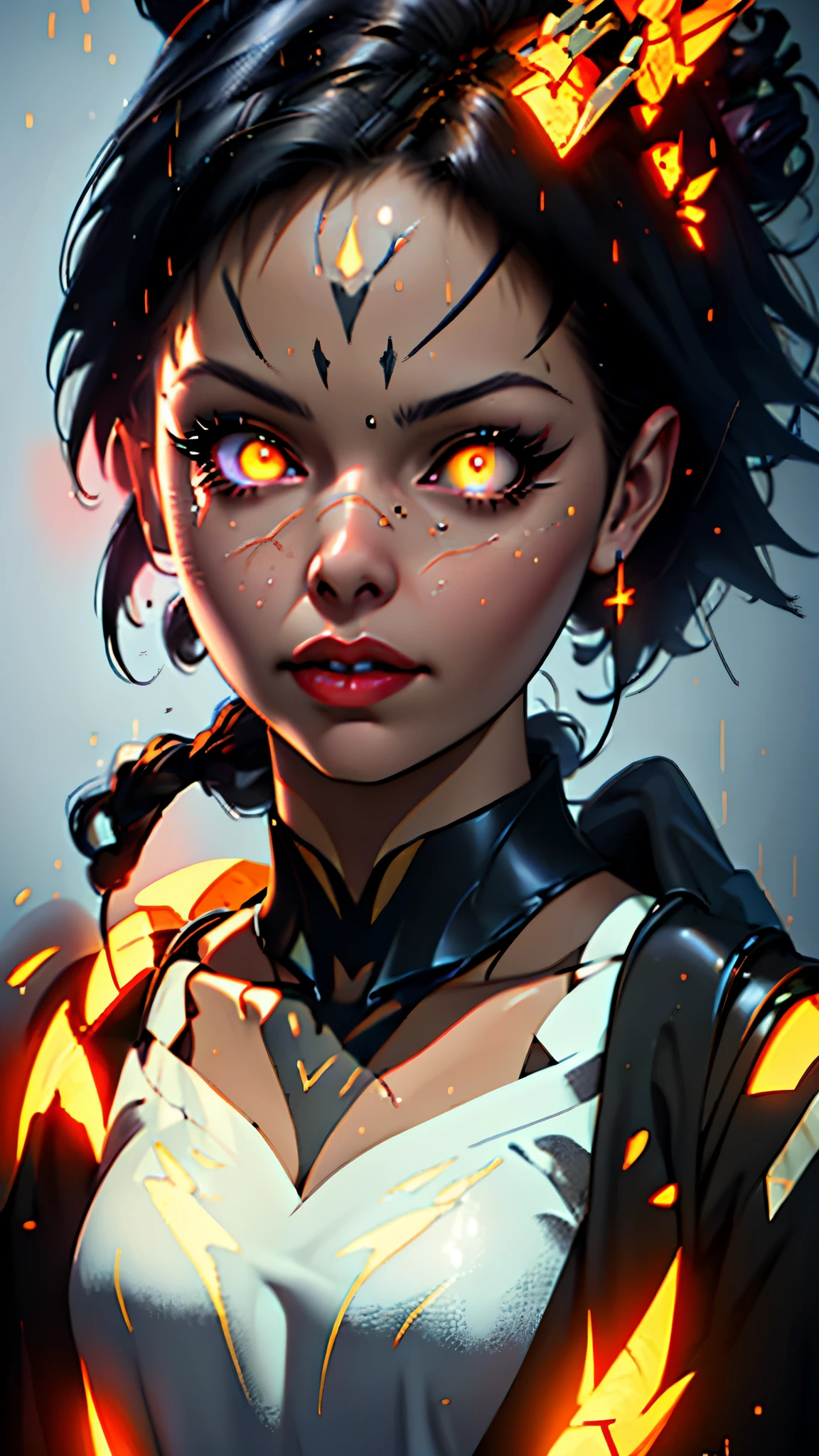 a close up of a woman with yellow eyes and a red lipstick, artgerm ; 3d unreal engine, ig model | artgerm, with glowing red eyes, glowing ember eyes, with glowing yellow eyes, rossdraws portrait, artgerm. high detail, rossdraws 1. 0, :: rossdraws, rossdraws digital painting