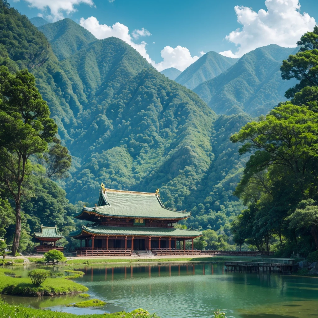 generated,Green Mountains and Green Water,temple,Buddhist Hall,Vision,Beautiful,HD pictures,1080P