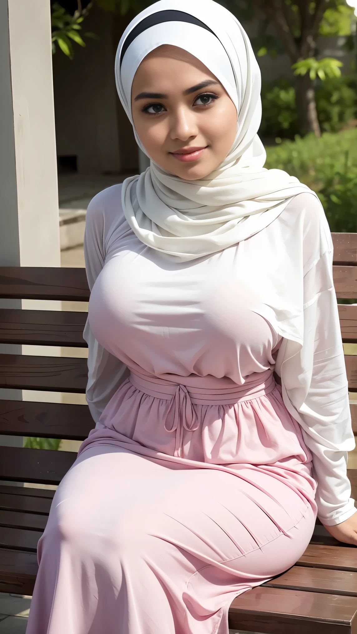 RAW, Best quality, high resolution, works: 1.3), beautiful Malay woman in hijab (iu:0.8)1Beautiful Malay woman, beautiful face, watery eyes, perfect lips, big eyes, ((big breasts)),perfect body, thick thighs ,soft smiling, wearing a gray pleated red sweater and skirt, feminine in cute pastel colors, pleated skirt, feminine in pastel colors, wearing a long fluent skirt, layered clothes, wearing long flowing fabrics, pastel style, pastel clothes, in pastel colors, muted pink and grey, muted and pastel colors, in pastel colors, sitting on green garden grass, close up