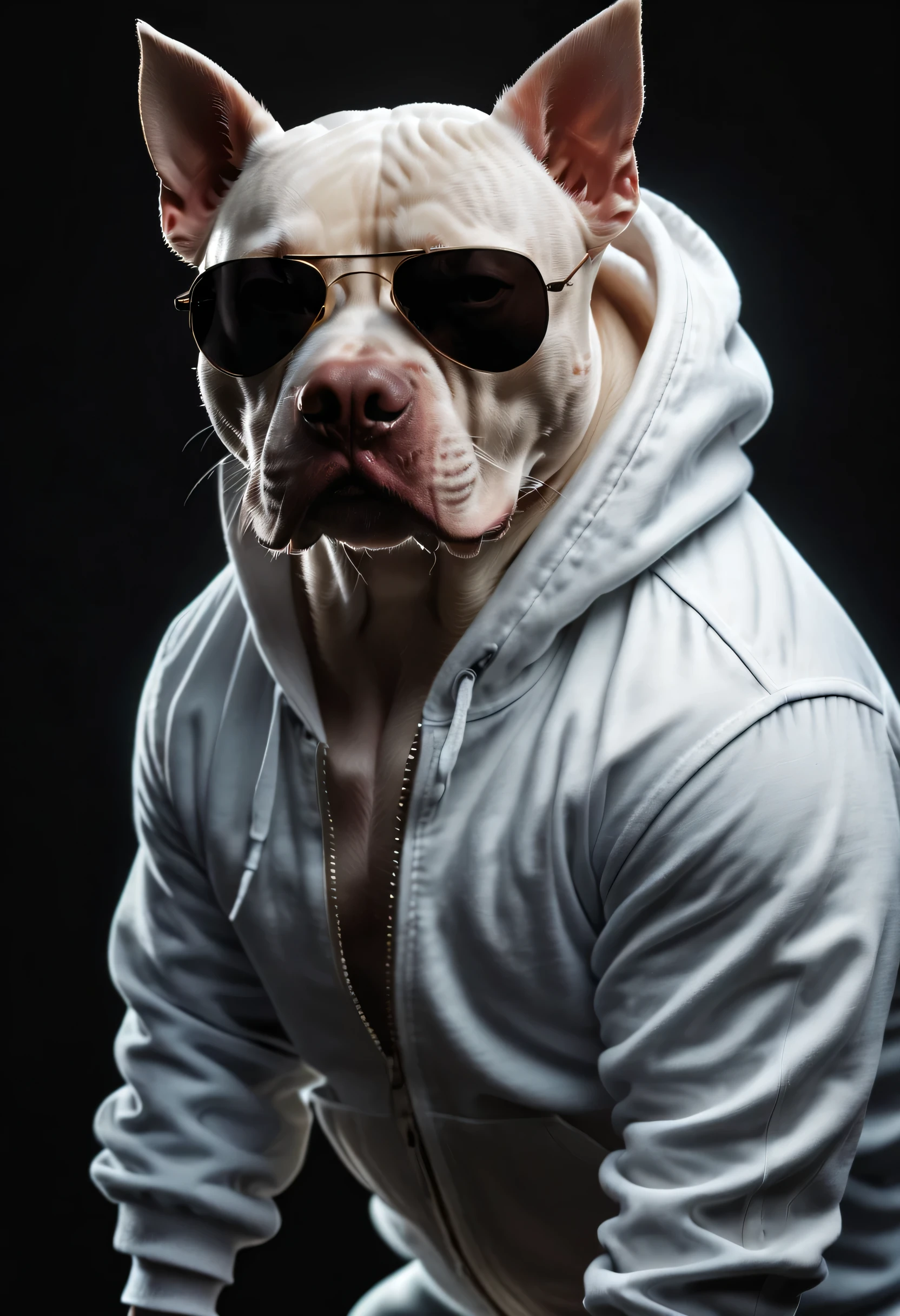 (best quality,4k,8k,highres,masterpiece:1.2),ultra-detailed,(realistic,photorealistic,photo-realistic:1.37),brave charismatic hip-hop style pitbull,white hooded,sunglasses,standing in black background,high contrast