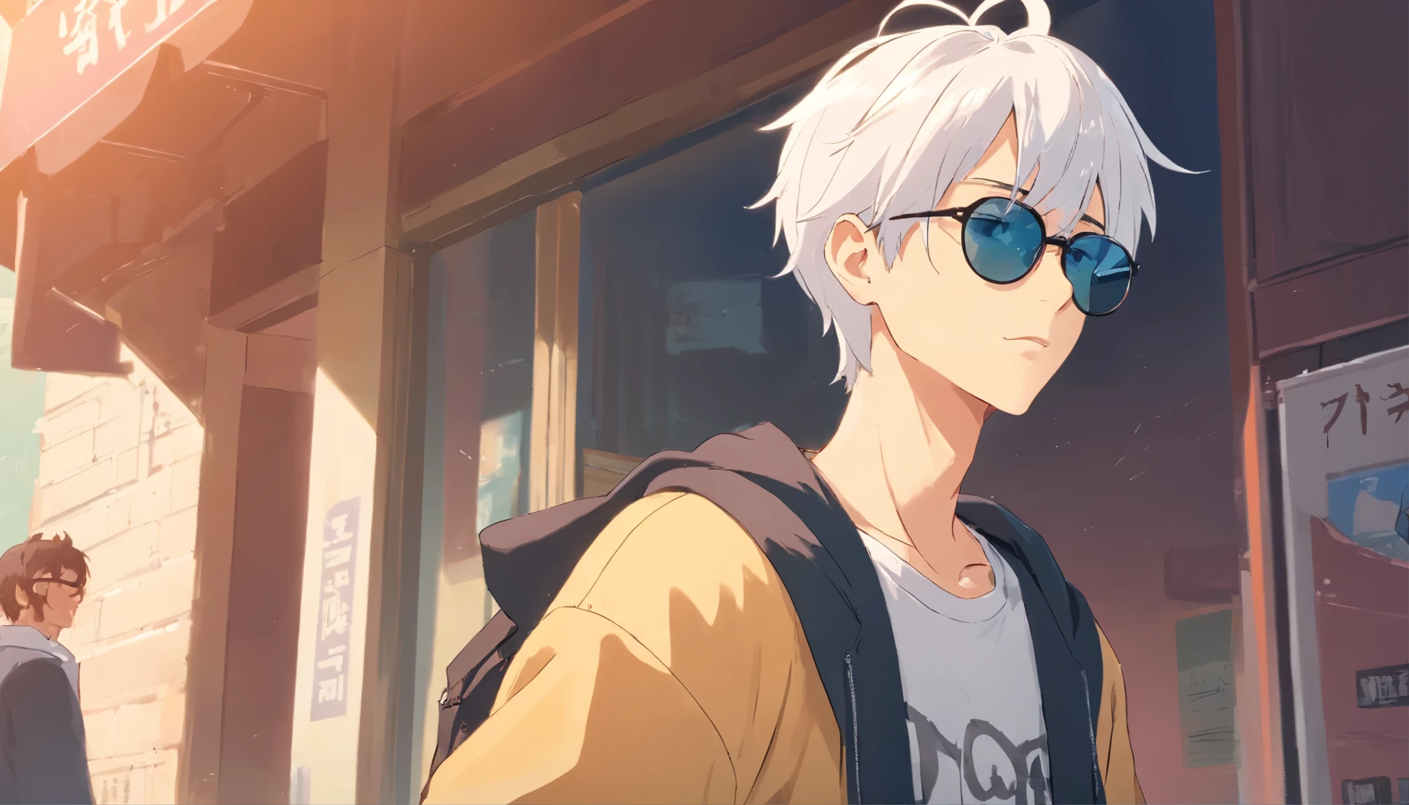 male skinny hipster with white hair and pointed ears, wearing small sunglasses, soft jawline, femboy, wearing black and white clothing (Pale skin tone) has short hair, wearing hipster outfit.random poses