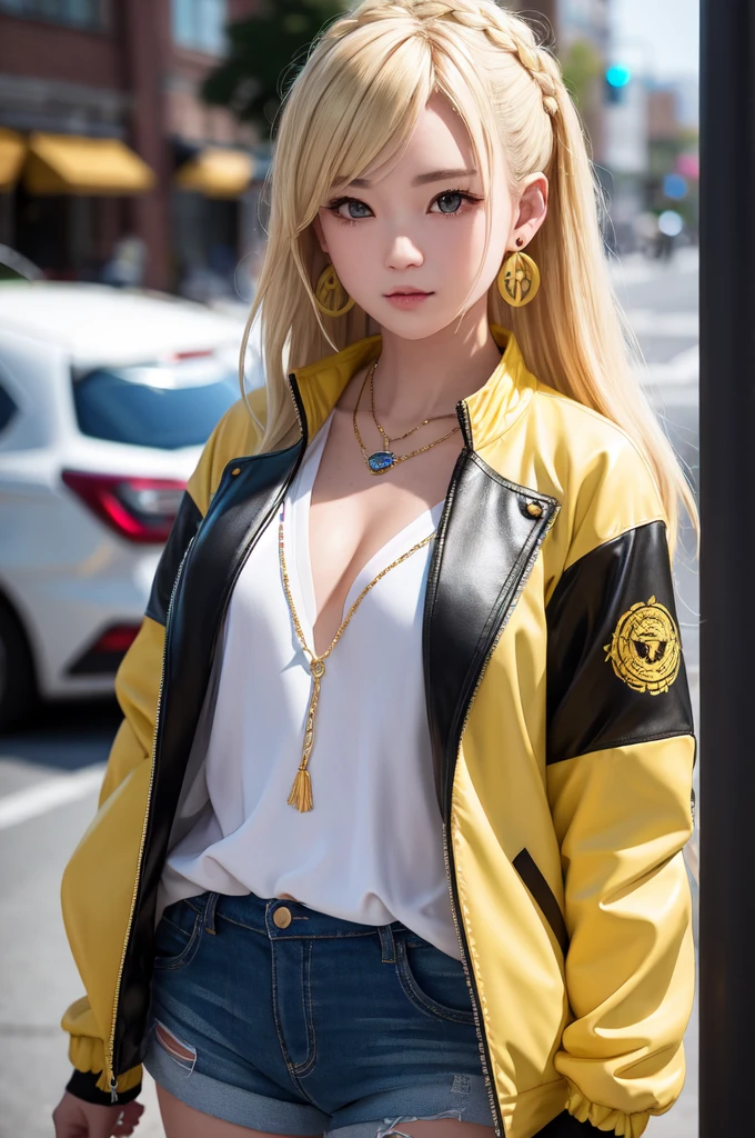 anime girl, 1 girl, cute, 前hair, blonde_hair, cowboy_shot, earrings, Floral_Print, Jacket, jewelry, looking for_in_viewer, necklace, shirt, length_hair, shorts, 一人in, yellow_Jacket, yellow_shirt, eye for detail, Fantasy model, realistic, sharp details, intricine details, ultra-realistic,デジタルin強化された,3D References , 8K resolution, unapologetic grit, exposed exposed,sharp focus , UHD, 8K