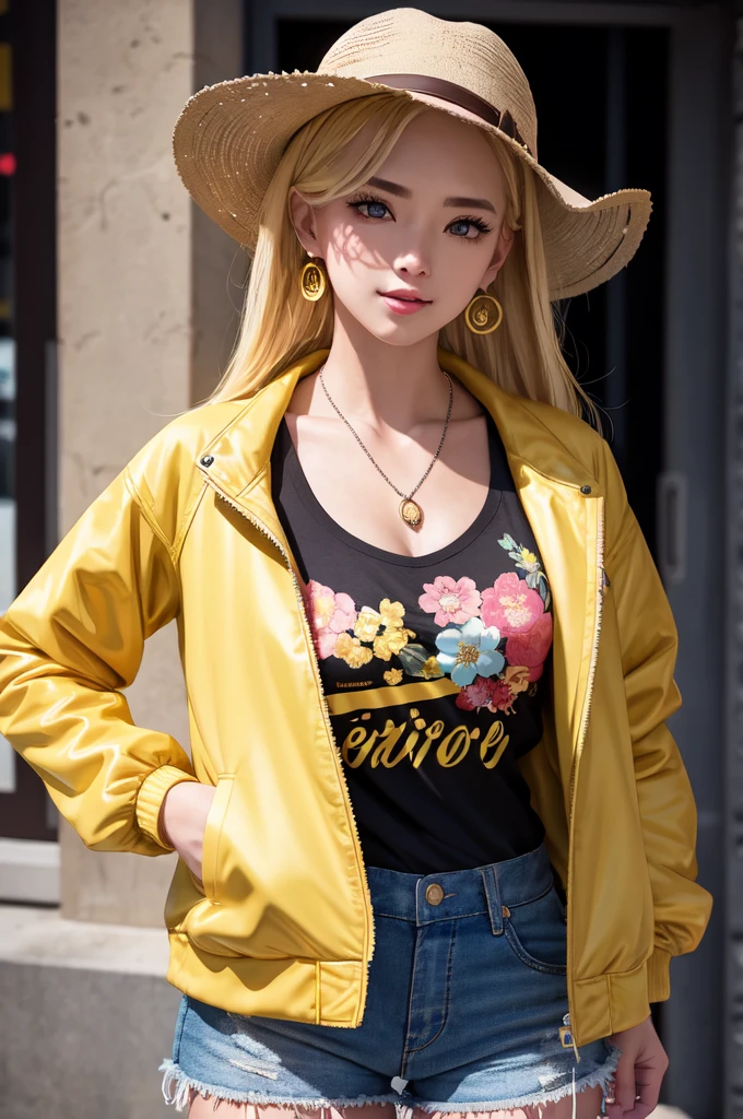 anime girl, 1 girl, cute, 前hair, blonde_hair, cowboy_shot, earrings, Floral_Print, Jacket, jewelry, looking for_in_viewer, necklace, shirt, length_hair, shorts, 一人in, yellow_Jacket, yellow_shirt, eye for detail, Fantasy model, realistic, sharp details, intricine details, ultra-realistic,デジタルin強化された,3D References , 8K resolution, unapologetic grit, exposed exposed,sharp focus , UHD, 8K