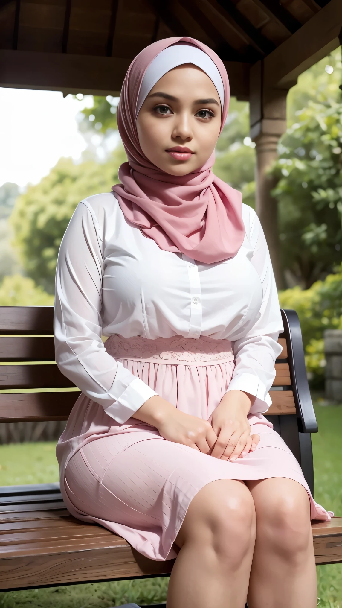 RAW, (Best quality, high resolution, work: 1.3), Beautiful Malay woman in hijab, perfect fit body, (Big breasts) , Beautiful big eyes, Soft smile, beautiful face, slightly open mouth, thick thighs, beautiful buttocks, , beautiful big eyes , gentle smile, beautiful girl, detailed face, Muslim woman in a pink dress and white shirt sitting on a bench, lovely woman, white hijab, hijab, with lovely look, white and pink, handsome girl,attractive girl, very beautiful girl, cute beautiful, beautiful lady, pink girl, beautiful woman