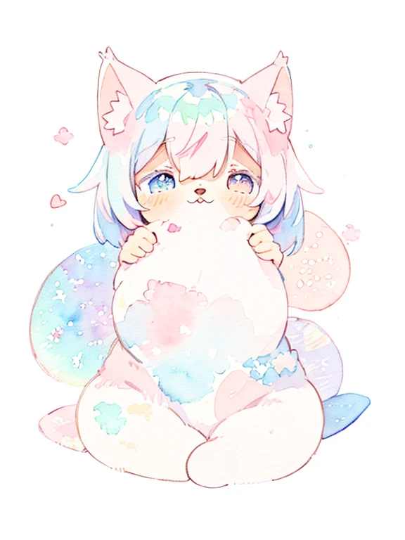 Cat, whole body,1 girl, (pastel colour:1.5),(cute illustration:1.5),(watercolor:1.2),white background,