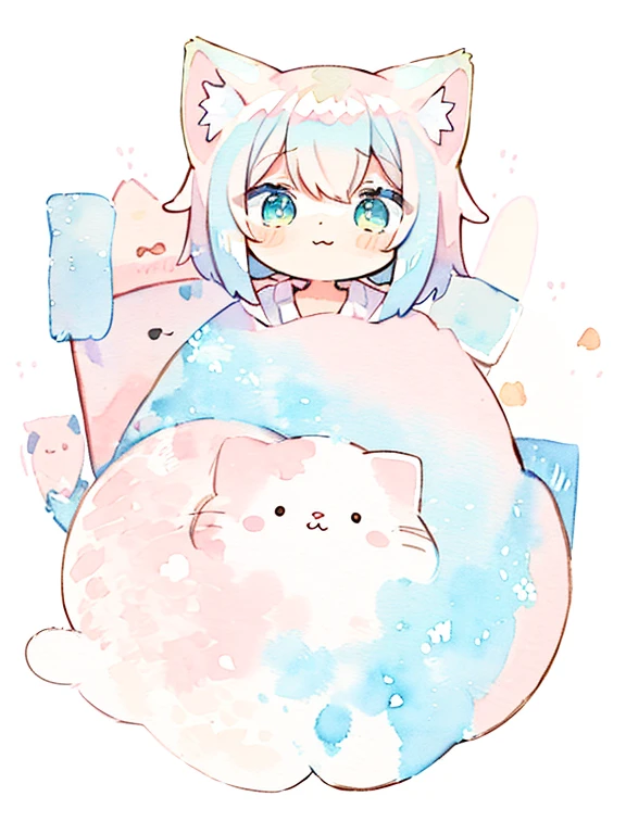 Cat, whole body,1 girl, (pastel colour:1.5),(cute illustration:1.5),(watercolor:1.2),white background,