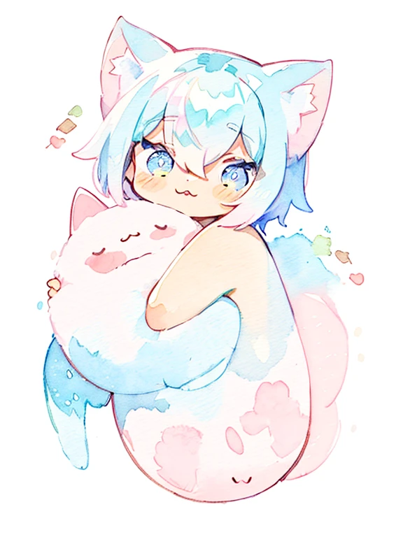 Cat, whole body,1 girl, (pastel colour:1.5),(cute illustration:1.5),(watercolor:1.2),white background,