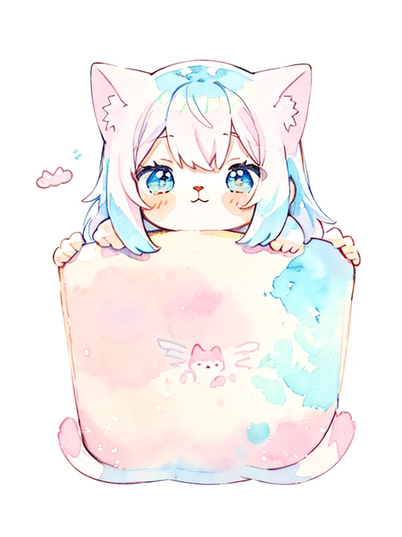 Cat, whole body,1 girl, (pastel colour:1.5),(cute illustration:1.5),(watercolor:1.2),white background,