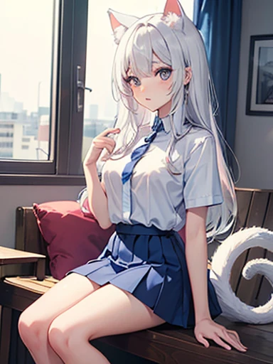 A woman with long white hair, cat ears and a white fluffy tail, a blue shirt, a white skirt.