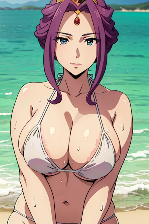 (masterpiece, best quality, high resolution, anime screencap, anime colored, 8k, photorealistic), Mirellia Q Melromarc, milf, wife, solo, sad smile, (looking at viewer), huge breasts, cleavage, (white bikini:1.5), Curvey, upper body, (lake, wet), (perfect detailed anatomy, beautiful detailed face&eyes:1.5, shiny skin, perfect sharp body)