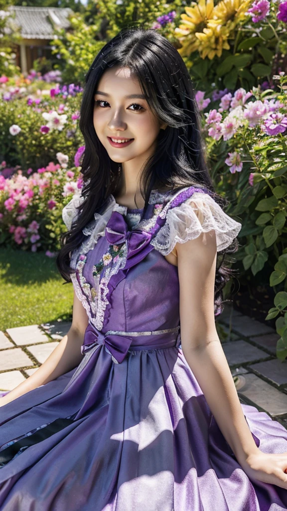 realistic, photorealistic, 8k, ultra detail, HDR, masterpiece, best quality, lo_dress, purple dress, garden, flower, 1girl, solo, slim, smile, cute, looking at viewer, long black hair, sitting,  colorful, detailed background,  arms behind back, 