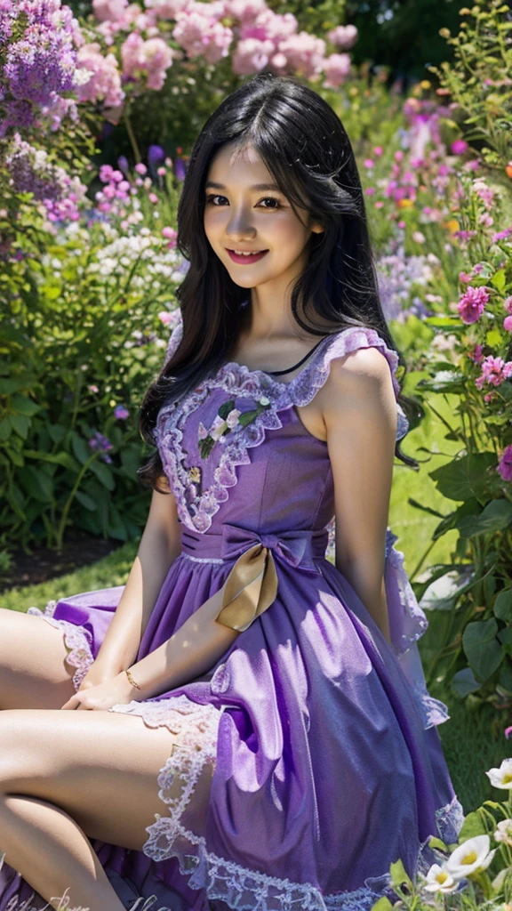 realistic, photorealistic, 8k, ultra detail, HDR, masterpiece, best quality, lo_dress, purple dress, garden, flower, 1girl, solo, slim, smile, cute, looking at viewer, long black hair, sitting,  colorful, detailed background,  arms behind back, 