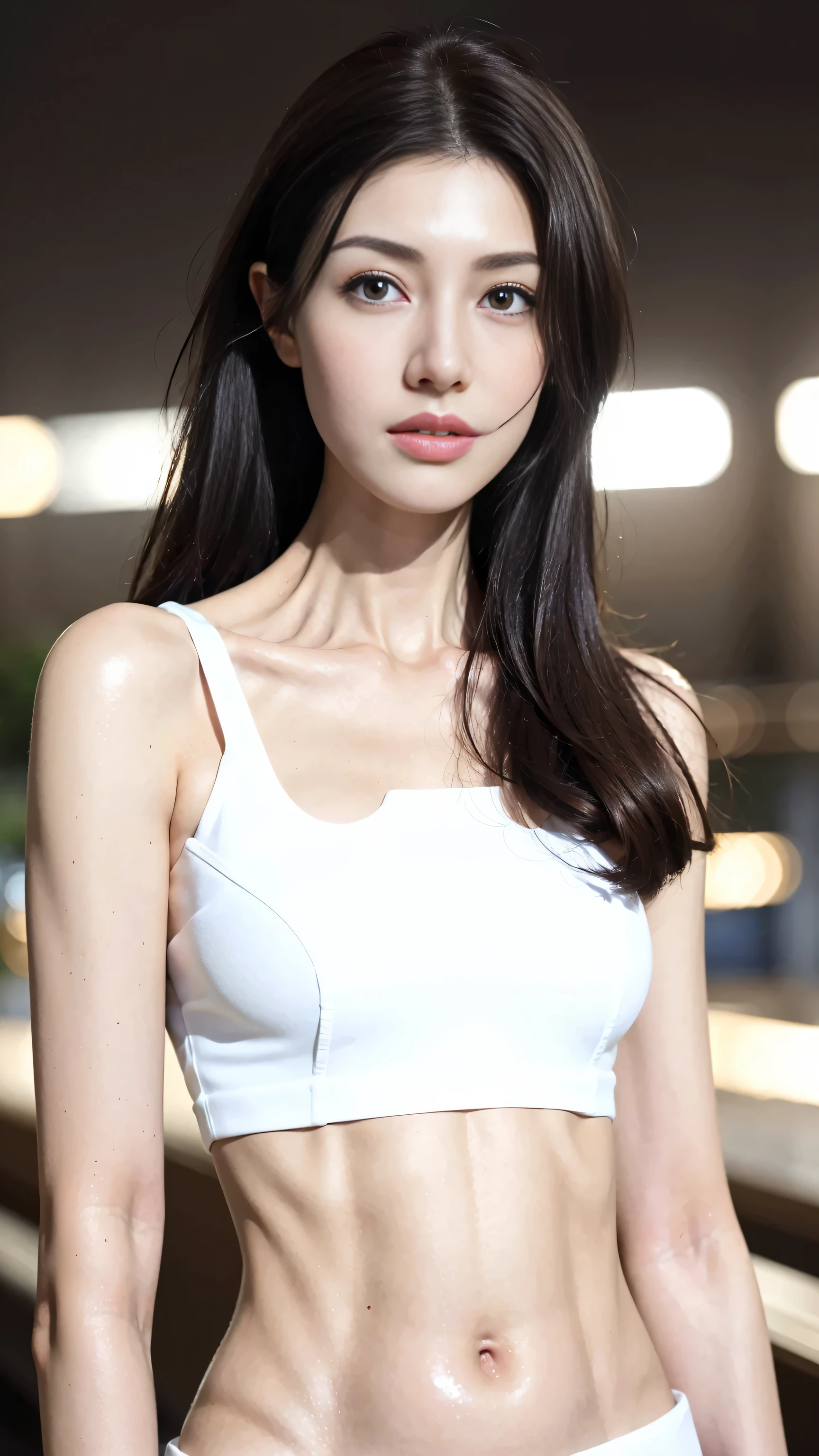 ((Realistic lighting, best quality, 8k, masterpiece: 1.3)), clear focus: 1.2, 1 girl, Perfect body: 1.4, slim abs: 1.1, ((dark brown hair)), (white crop top: 1.4), (outdoor, night: 1.1), city street, The face is super delicate, beautiful eyes, double eyelids,
