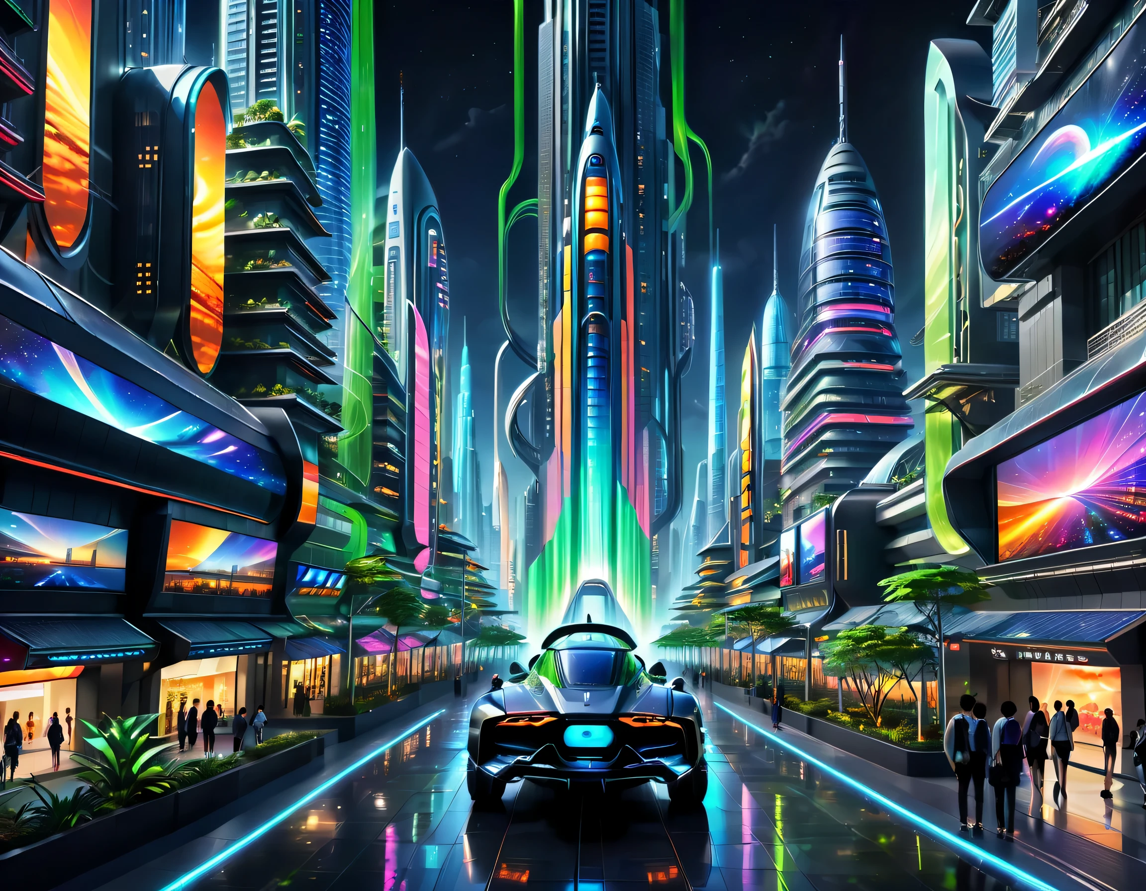 In this futuristic image of a city at night，We were taken into a city full of technology and innovation。Tall skyscrapers glow with neon lights in the night sky，Forming a series of colorful lines。The facades of these buildings are covered with reflective materials，Reflects surrounding lights，Create a futuristic atmosphere。 On the streets of the city，Driverless cars and aircraft fly by，They leave colorful trails in the night sky。These vehicles are made of smooth metal and transparent materials，It gives a sense of technology and the future。People wear fashionable clothing，Wearing smart glasses and bracelet，Integrate with technology。 The center of the city is a huge，There is a huge water screen projection on，Displays a variety of gorgeous images and animations。People surround the water curtain projection，Admire the art works and technology displayorming a unique interactive experience。surrounded by a green belt，Planting plants of the future，These plants emit faint fluorescence，Adding a touch of vitality and natural flavor to the city。 In the distance of the picture，We can see a huge spaceport，The spaceship is taking off，Carrying people to unknown areas of the universe。The spaceport’s architectural design is unique，Full of curves and streamlined elements，It gives a sense of futuristic technology。 The whole picture is full of a sense of technology and the future，Showing a future city full of innovation and imagination。This painting is rich in detail，vibrant with colorull of imagination and creativity，It makes people feel like they are in a future world full of technological wonders。