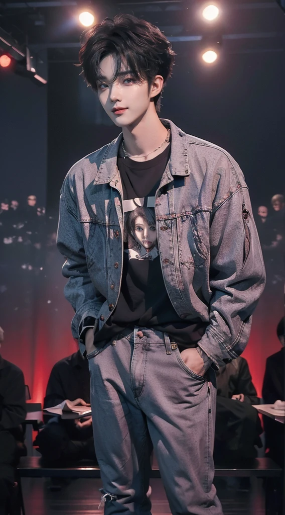 4K works , masterpiece , magazine profile , top quality , high-level image quality , realistic details , a manly boy , Handsome Men , Attractive and sexy face , Slimbody , Attractive and sexy jeans fashion , Men's fashion , black street fashion , Korean Boy , 18 years old , Korean makeup , bright smile , like a celebrity , small face , detailed beautiful eyes , long, sharp eyes , Bright red eyes , everyday photos , Soft lighting and warmth , gray hair , Handsome Men 헤어 스타일 , He is standing in front of the microphone stand , full body shot