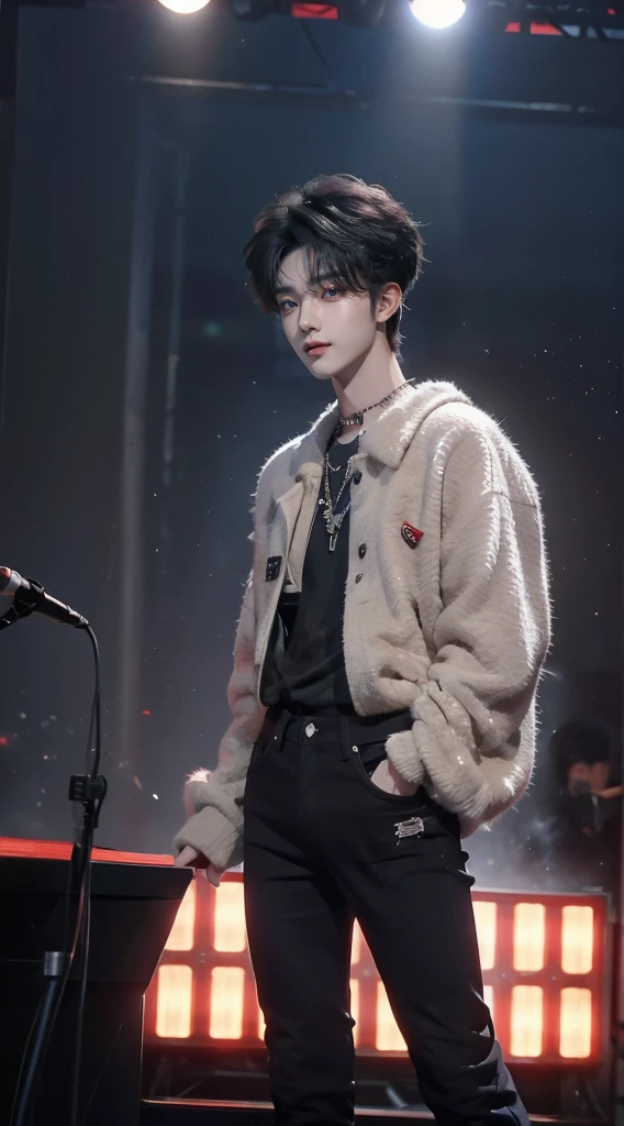 4K works , masterpiece , magazine profile , top quality , high-level image quality , realistic details , a manly boy , Handsome Men , Attractive and sexy face , Slimbody , Attractive and sexy jeans fashion , Men's fashion , black street fashion , Korean Boy , 18 years old , Korean makeup , bright smile , like a celebrity , small face , detailed beautiful eyes , long, sharp eyes , Bright red eyes , everyday photos , Soft lighting and warmth , gray hair , Handsome Men 헤어 스타일 , He is standing in front of the microphone stand , full body shot