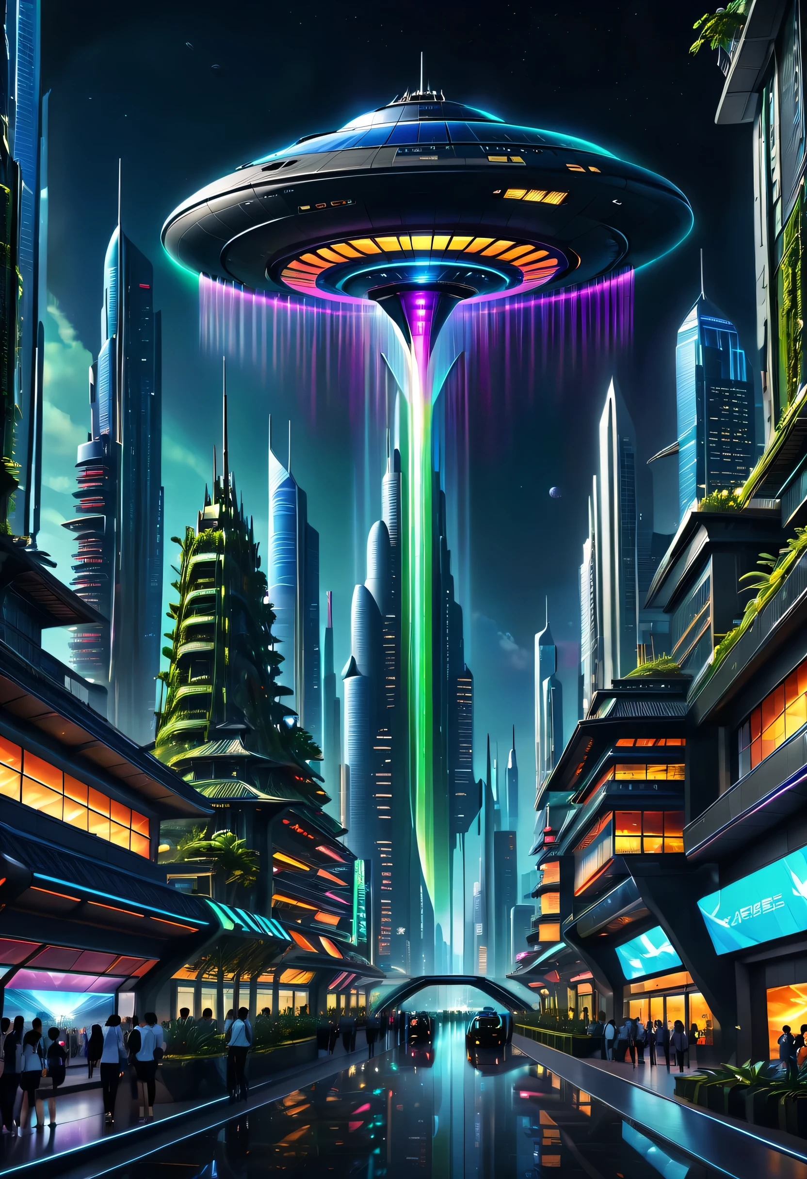 In this futuristic image of a city at night，We were taken into a city full of technology and innovation。Tall skyscrapers glow with neon lights in the night sky，Forming a series of colorful lines。The facades of these buildings are covered with reflective materials，Reflects surrounding lights，Create a futuristic atmosphere。 On the streets of the city，Driverless cars and aircraft fly by，They leave colorful trails in the night sky。These vehicles are made of smooth metal and transparent materials，It gives a sense of technology and the future。People wear fashionable clothing，Wearing smart glasses and bracelet，Integrate with technology。 The center of the city is a huge，There is a huge water screen projection on，Displays a variety of gorgeous images and animations。People surround the water curtain projection，Admire the art works and technology displayorming a unique interactive experience。surrounded by a green belt，Planting plants of the future，These plants emit faint fluorescence，Adding a touch of vitality and natural flavor to the city。 In the distance of the picture，We can see a huge spaceport，The spaceship is taking off，Carrying people to unknown areas of the universe。The spaceport’s architectural design is unique，Full of curves and streamlined elements，It gives a sense of futuristic technology。 The whole picture is full of a sense of technology and the future，Showing a future city full of innovation and imagination。This painting is rich in detail，vibrant with colorull of imagination and creativity，It makes people feel like they are in a future world full of technological wonders。