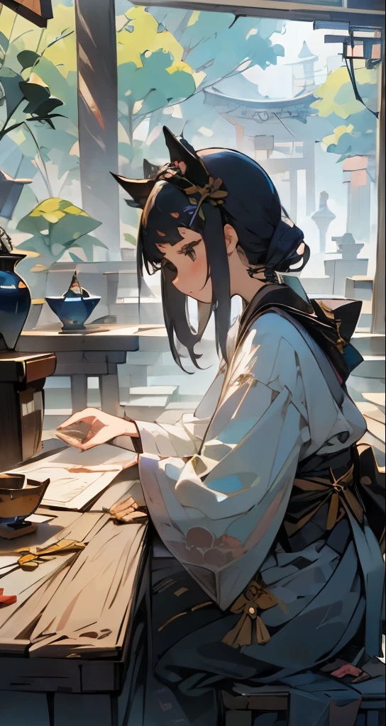 Cute female merchant selling magical items in a busy market,fantasic world,wearing robe,many goods display,masterpiece,soft line,cute face,(extremely delicate and beautiful work), ((masuter piece)), (Best Quality) 