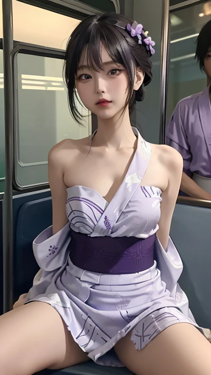 play sports often, (Purple patterned yukata:1.4), No panties, (Cyberpunk settings: 1.2), compensate,, (1 girl: 1.4), highest quality, masterpiece, (reality: 1.2), young woman, lady, detailed face, fine eyes, fine hair, fine skin, looking at the viewer, dramatic, vibrant, sharp focus, 50mm, f1.2, EOS R8, (3/4 body: 1.2), (bare shoulders:1.4), (Inside the train in the background: 1.6), (highest qualityの詳細: 1.2), 8K HD,(spread legs:1.2)、