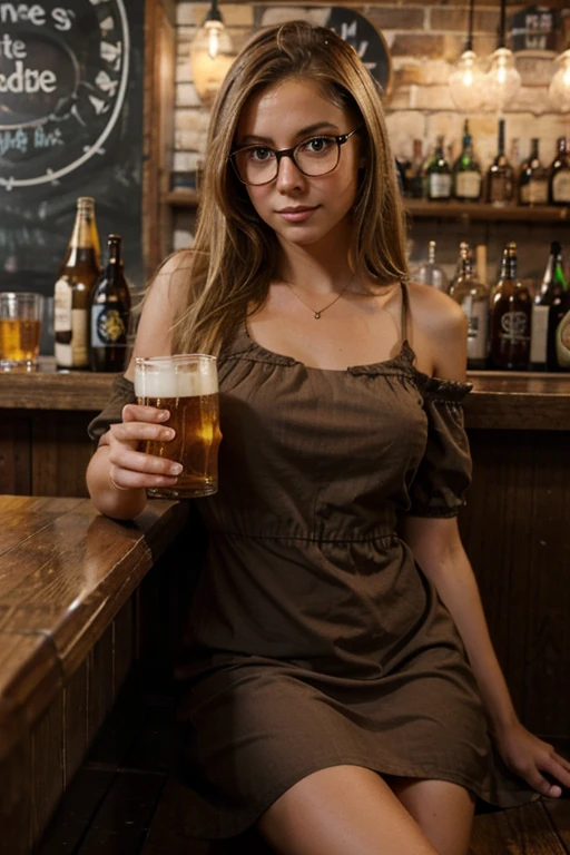 dark blonde girl, realistic, glasses, cute summer dress, drinkin beer in a bar with a group of people